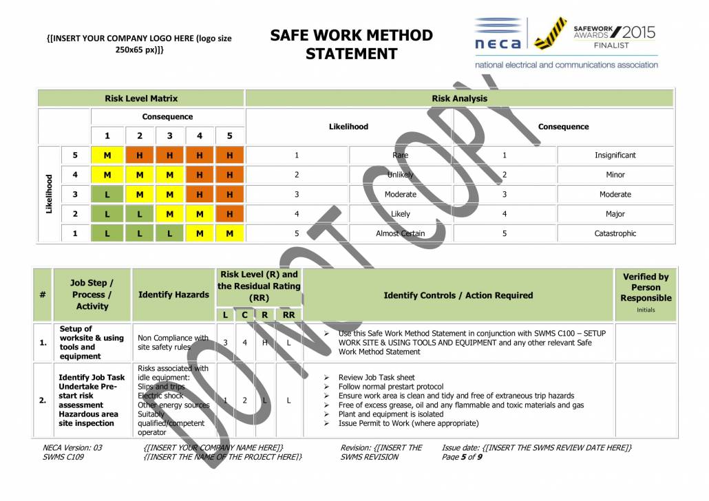 Swms Risk Assessment HAZARDOUS AREAS SWMS - NECA Safety Specialists