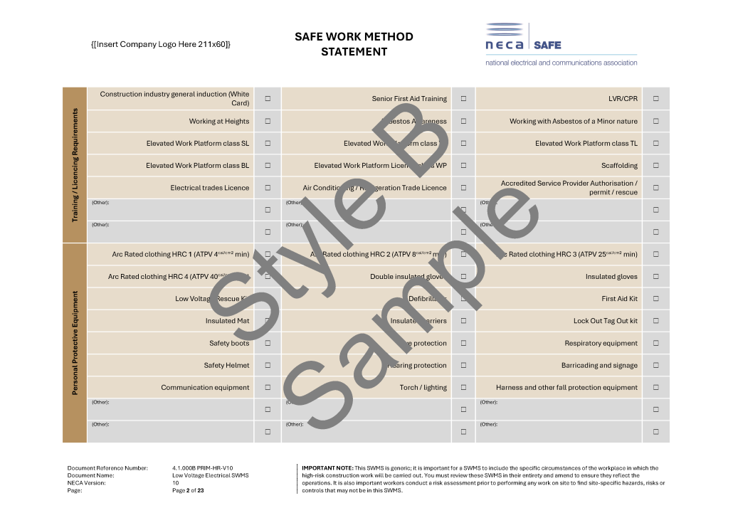 Low Voltage Electrical SWMS - NECA Safety Specialists