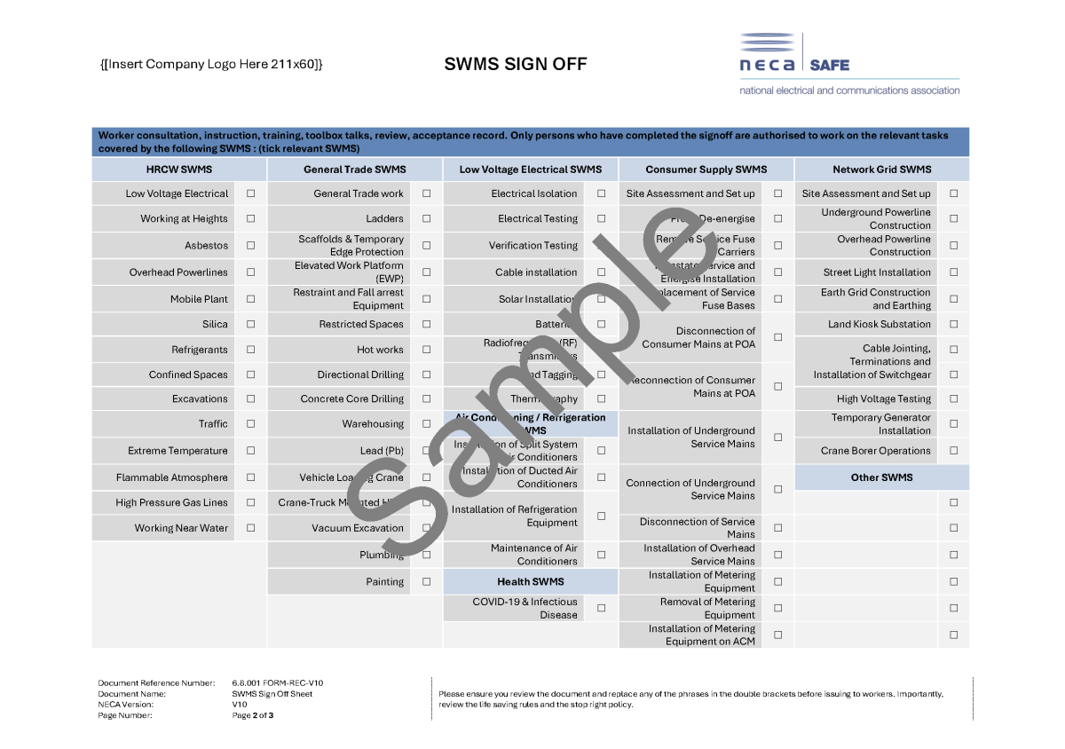 Maintenance of Air Conditioners SWMS - NECA Safety Specialists