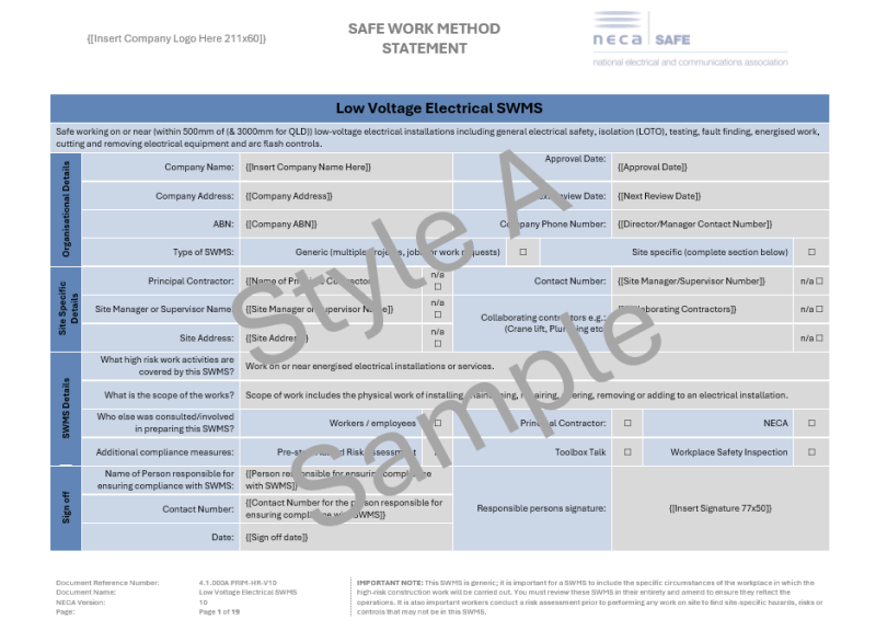 Low Voltage Electrical SWMS - NECA Safety Specialists