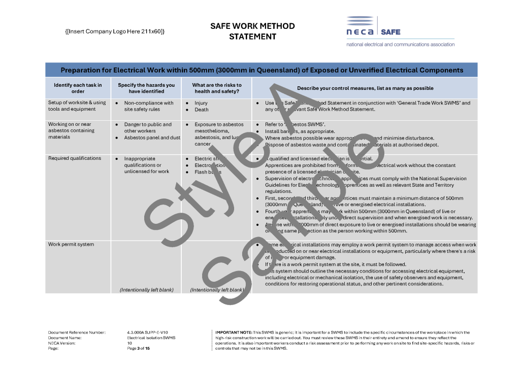 Electrical Isolation SWMS - NECA Safety Specialists