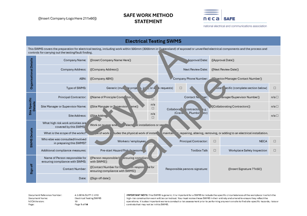 Electrical Testing SWMS - NECA Safety Specialists