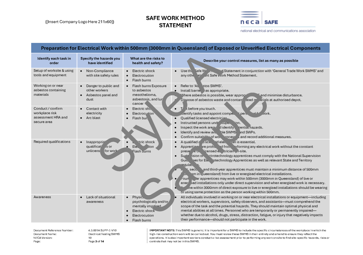 Electrical Testing SWMS - NECA Safety Specialists