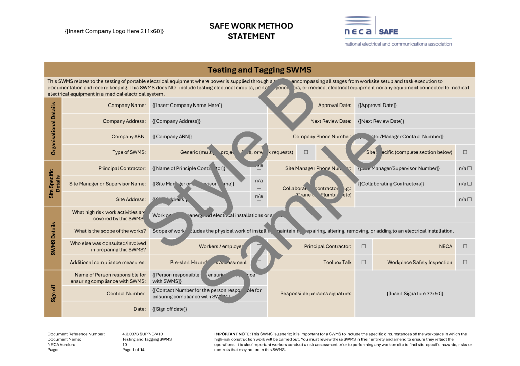 Testing and Tagging SWMS - NECA Safety Specialists