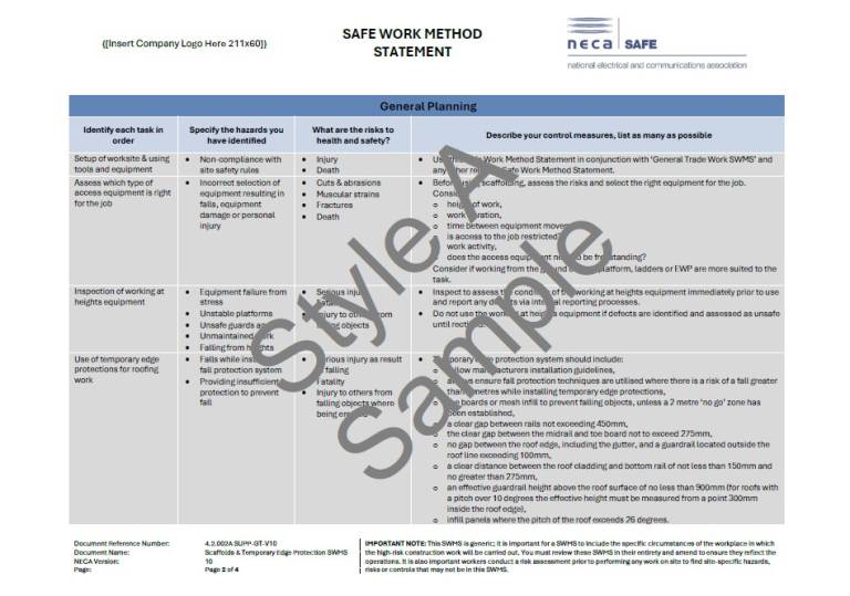 Telehandler Swms Template Electrical SWMS Bundle - NECA Safety Specialists